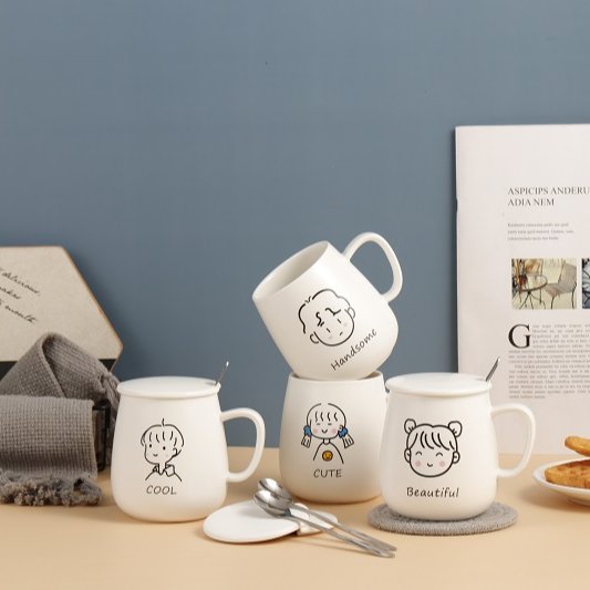 Custom logo Print Ceramic Couple Mug With Spoon Cartoon Character Design Mr &Mrs Coffee Cup For Wedding Gift