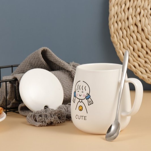 Custom logo Print Ceramic Couple Mug With Spoon Cartoon Character Design Mr &Mrs Coffee Cup For Wedding Gift