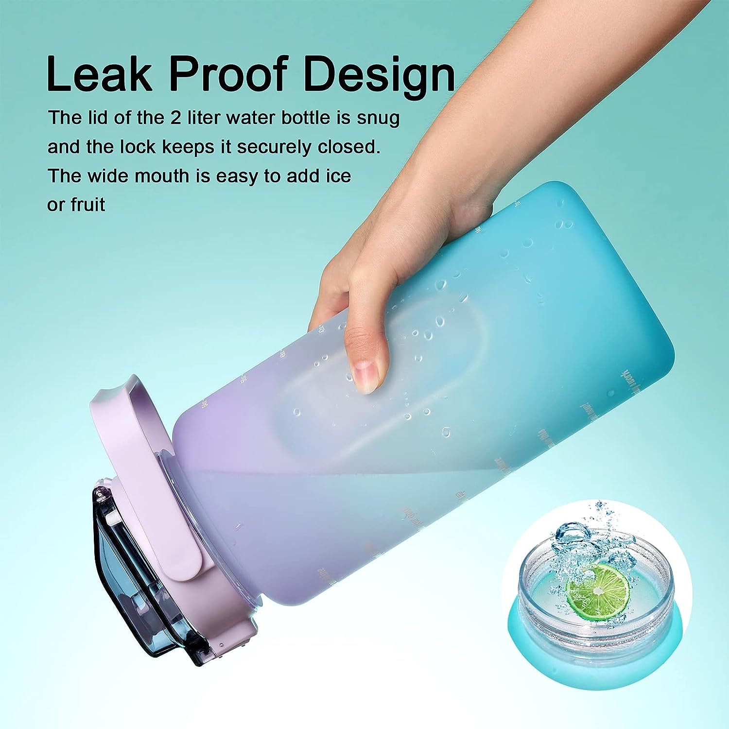 Large Half Gallon 64OZ 2000ml 2L Straw Time Marker BPA Free for Sport and Fitness Purple Green Motivational Water Bottle