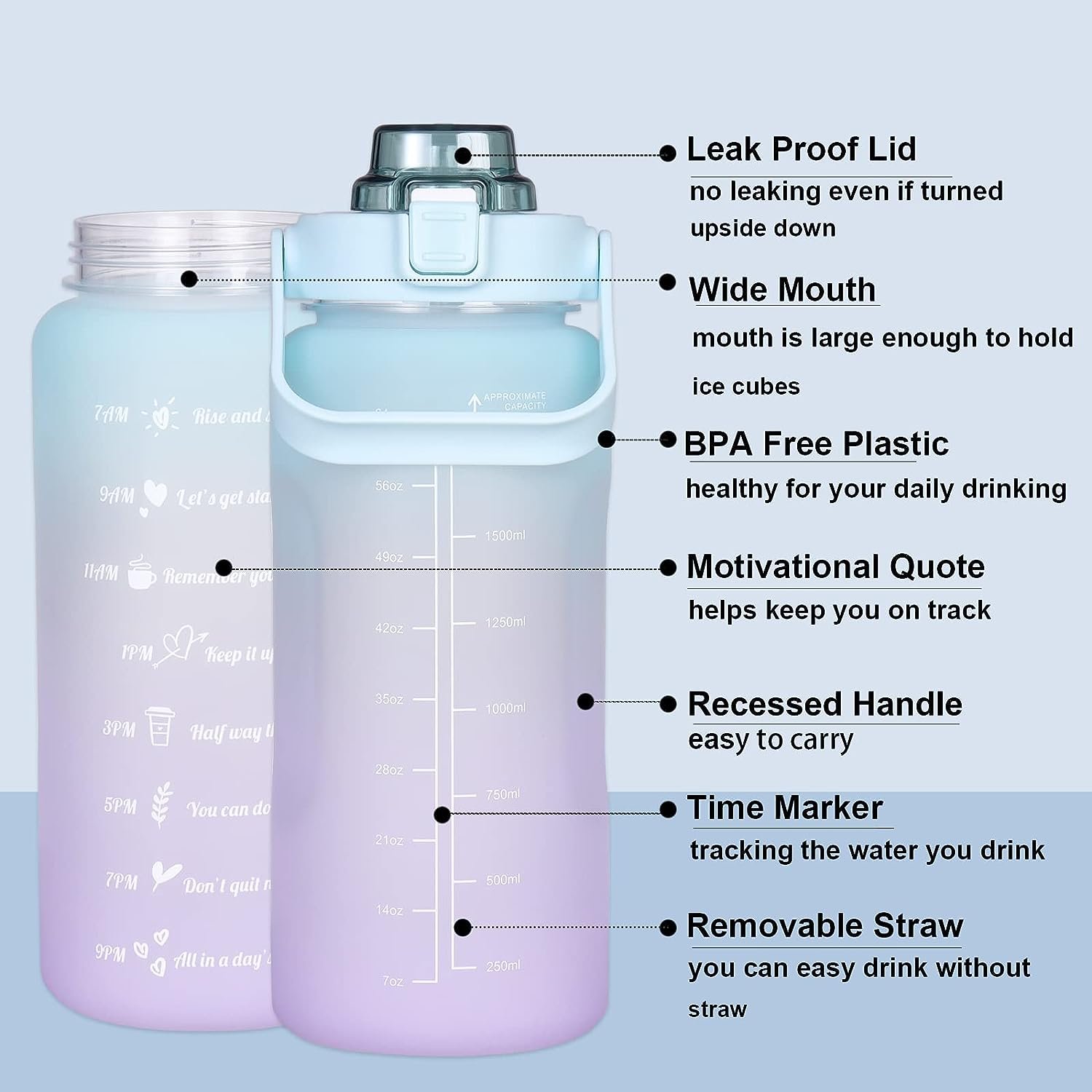 Large Half Gallon 64OZ 2000ml 2L Straw Time Marker BPA Free for Sport and Fitness Purple Green Motivational Water Bottle