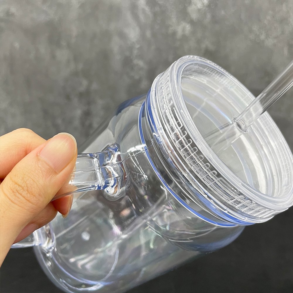 USA warehouse 20oz double wall acrylic plastic mug cups with handle 20 oz clear snow globe glitter mason jar tumbler for vinyl
