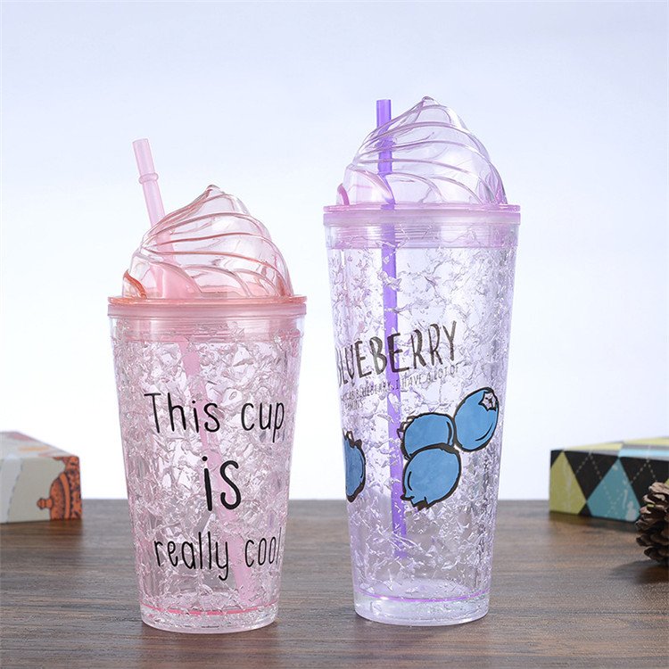 16oz Gel Frosty Freezer Double Wall Mugs Drinkware for Beverages ,Ice Cold Plastic Tumbler Cup with Ice Cream Lid and Straws