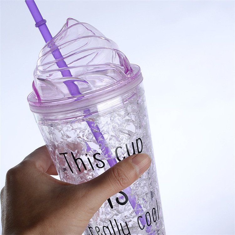 16oz Gel Frosty Freezer Double Wall Mugs Drinkware for Beverages ,Ice Cold Plastic Tumbler Cup with Ice Cream Lid and Straws