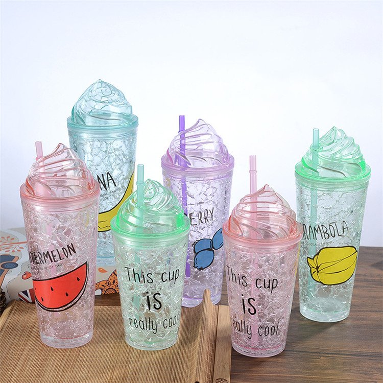 16oz Gel Frosty Freezer Double Wall Mugs Drinkware for Beverages ,Ice Cold Plastic Tumbler Cup with Ice Cream Lid and Straws