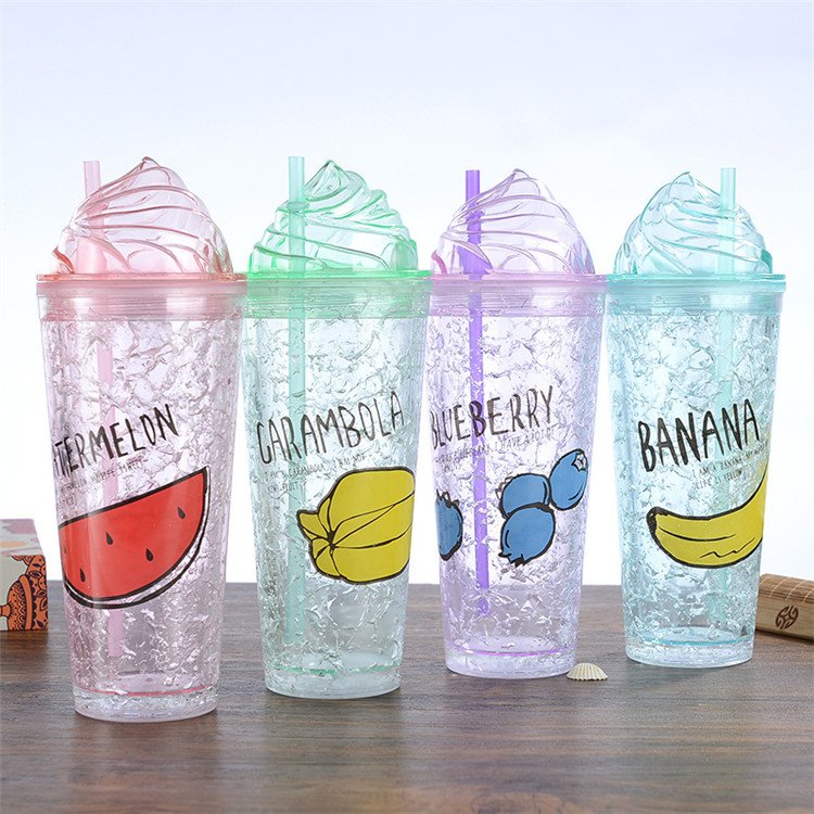 16oz Gel Frosty Freezer Double Wall Mugs Drinkware for Beverages ,Ice Cold Plastic Tumbler Cup with Ice Cream Lid and Straws