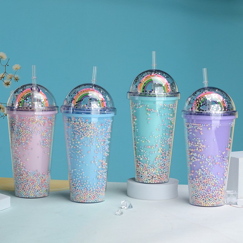 450ml Creative Rainbow Plastic Water Bottle Double Layer Shiny Quicksand Sequins Kawaii Drinking Cup with Straw Lid Coffee