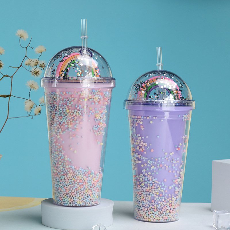 450ml Creative Rainbow Plastic Water Bottle Double Layer Shiny Quicksand Sequins Kawaii Drinking Cup with Straw Lid Coffee
