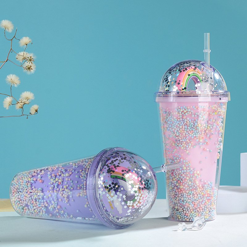 450ml Creative Rainbow Plastic Water Bottle Double Layer Shiny Quicksand Sequins Kawaii Drinking Cup with Straw Lid Coffee