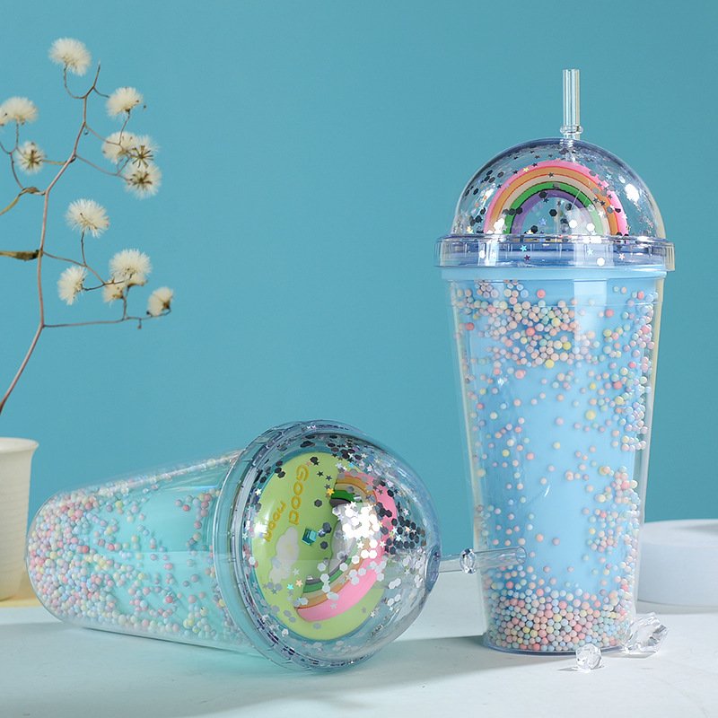 450ml Creative Rainbow Plastic Water Bottle Double Layer Shiny Quicksand Sequins Kawaii Drinking Cup with Straw Lid Coffee