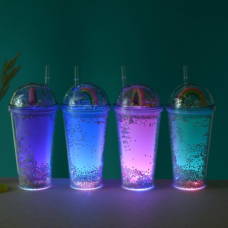 450ml Creative Rainbow Plastic Water Bottle Double Layer Shiny Quicksand Sequins Kawaii Drinking Cup with Straw Lid Coffee