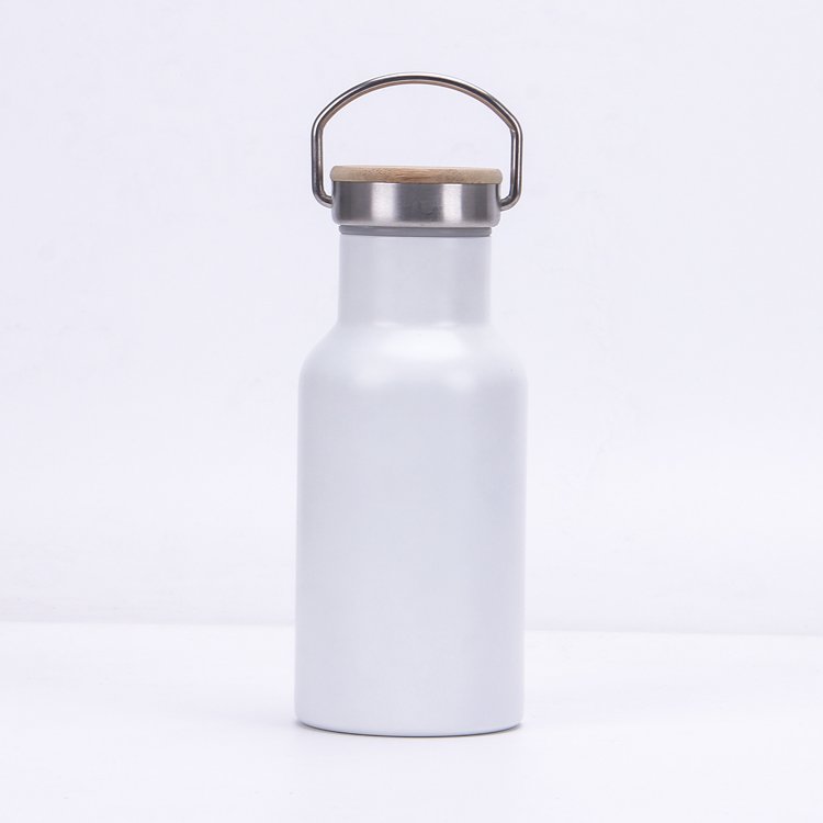 Minimalist Sport Gym 350ml Double Wall Stainless Steel Vacuum Insulated Water Bottle with Bamboo Lid and Handle