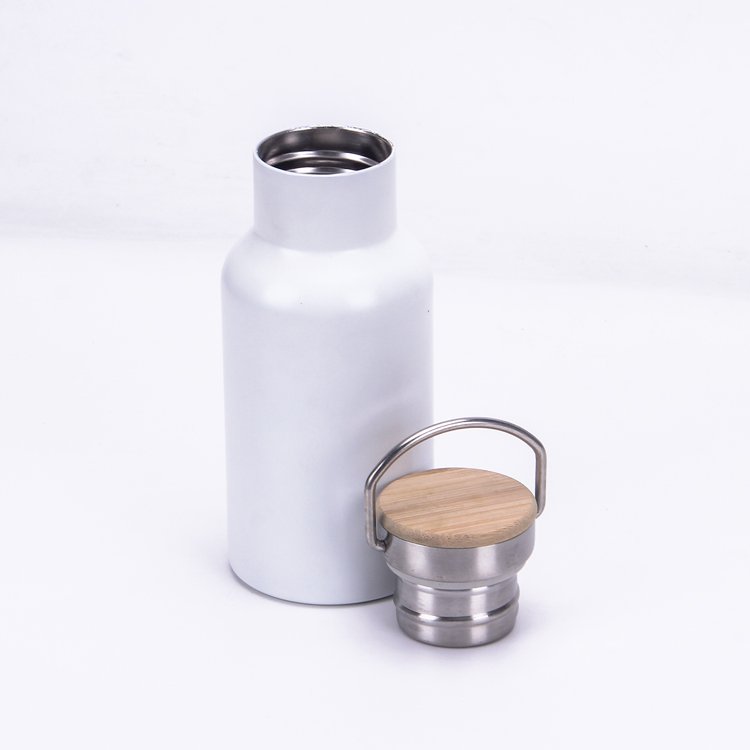 Minimalist Sport Gym 350ml Double Wall Stainless Steel Vacuum Insulated Water Bottle with Bamboo Lid and Handle