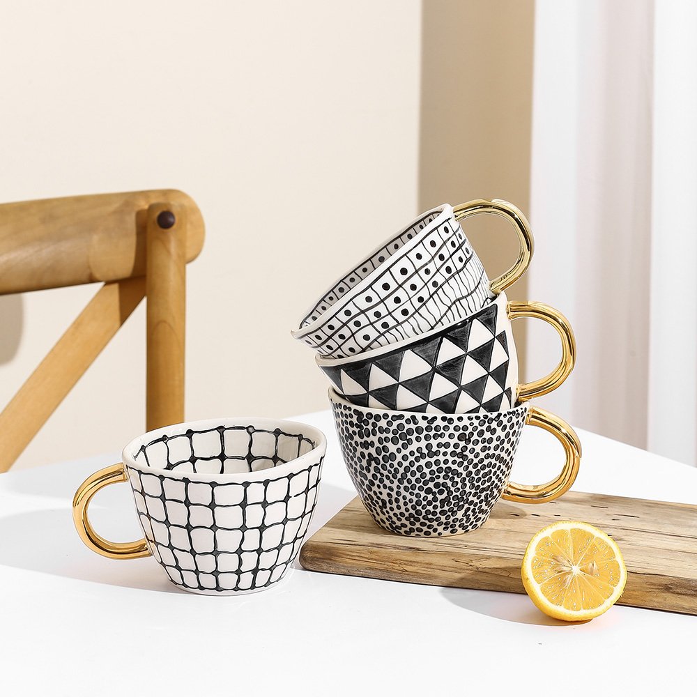 12oz Unique Hand painted Large Nordic Ceramic Espresso Cup With Gold Rim Cup Mug For Coffee Tea
