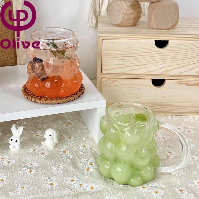Bar Tea Water Soda Milk Juice Drinking Glasses Grape Clear High Borosilicate Glass Bubble Ribbed Ice Coffee Cup Mugs With Handle