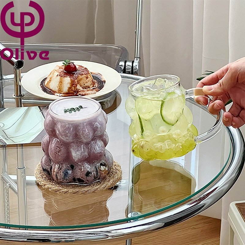 Bar Tea Water Soda Milk Juice Drinking Glasses Grape Clear High Borosilicate Glass Bubble Ribbed Ice Coffee Cup Mugs With Handle