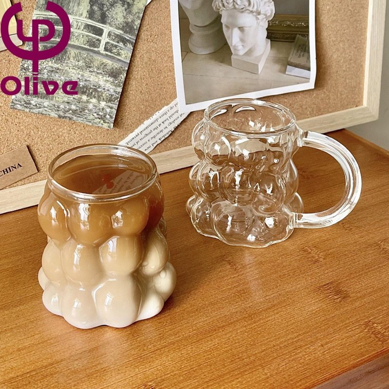 Bar Tea Water Soda Milk Juice Drinking Glasses Grape Clear High Borosilicate Glass Bubble Ribbed Ice Coffee Cup Mugs With Handle