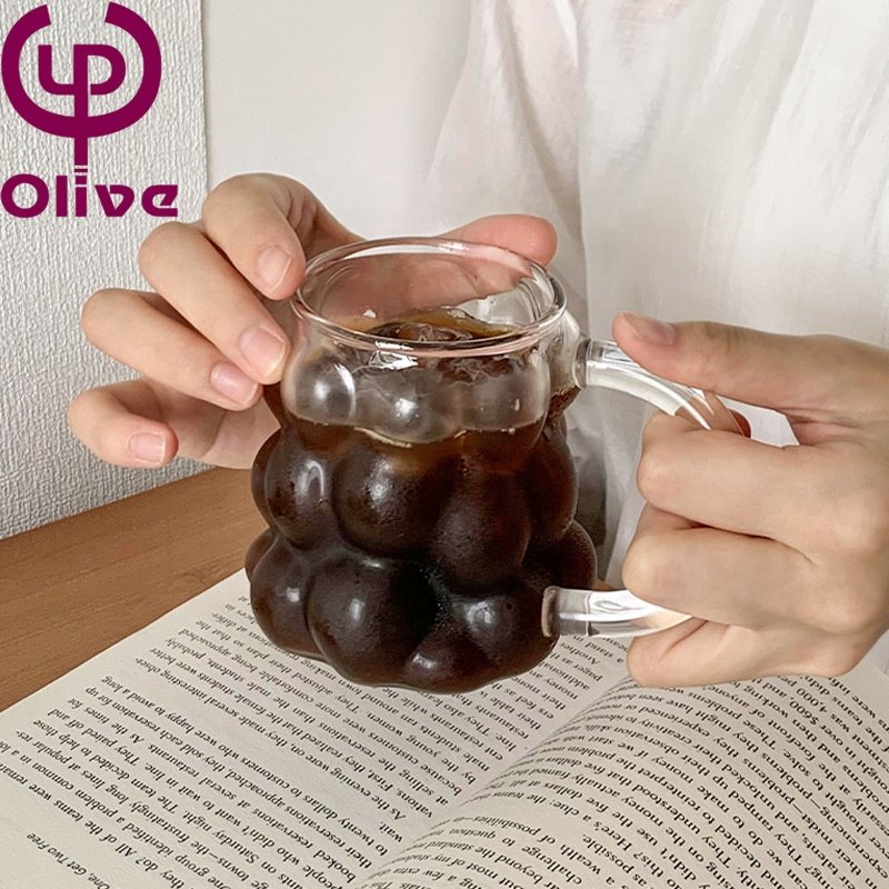 Bar Tea Water Soda Milk Juice Drinking Glasses Grape Clear High Borosilicate Glass Bubble Ribbed Ice Coffee Cup Mugs With Handle