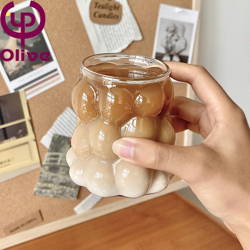 Bar Tea Water Soda Milk Juice Drinking Glasses Grape Clear High Borosilicate Glass Bubble Ribbed Ice Coffee Cup Mugs With Handle