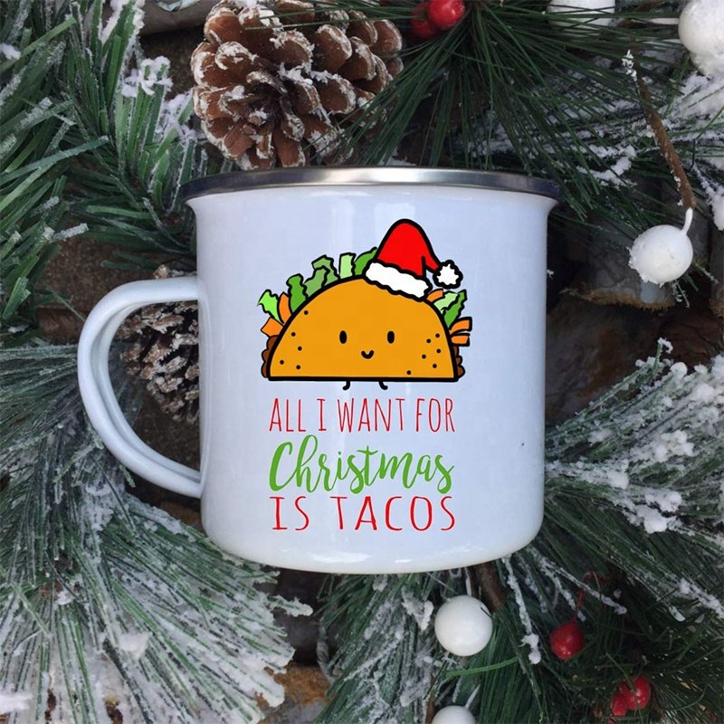 Christmas Holiday Gift Cast Iron Rolled Edge 8cm Enamel Mug for Coffee