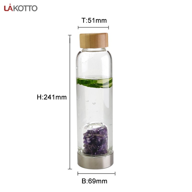 Crystal Water Bottle with purple Crystals Elixir Infused Glass Water Bottle and bamboo lid