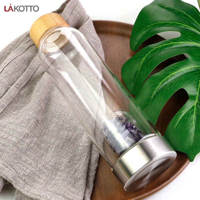 Crystal Water Bottle with purple Crystals Elixir Infused Glass Water Bottle and bamboo lid