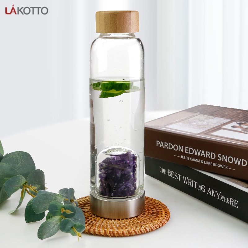 Crystal Water Bottle with purple Crystals Elixir Infused Glass Water Bottle and bamboo lid