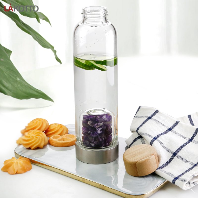 Crystal Water Bottle with purple Crystals Elixir Infused Glass Water Bottle and bamboo lid