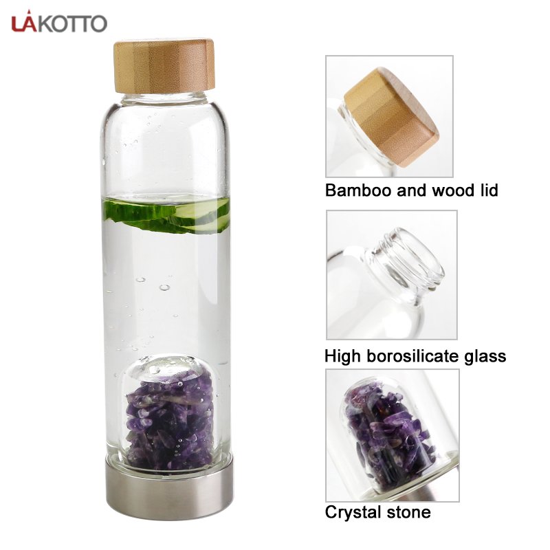Crystal Water Bottle with purple Crystals Elixir Infused Glass Water Bottle and bamboo lid
