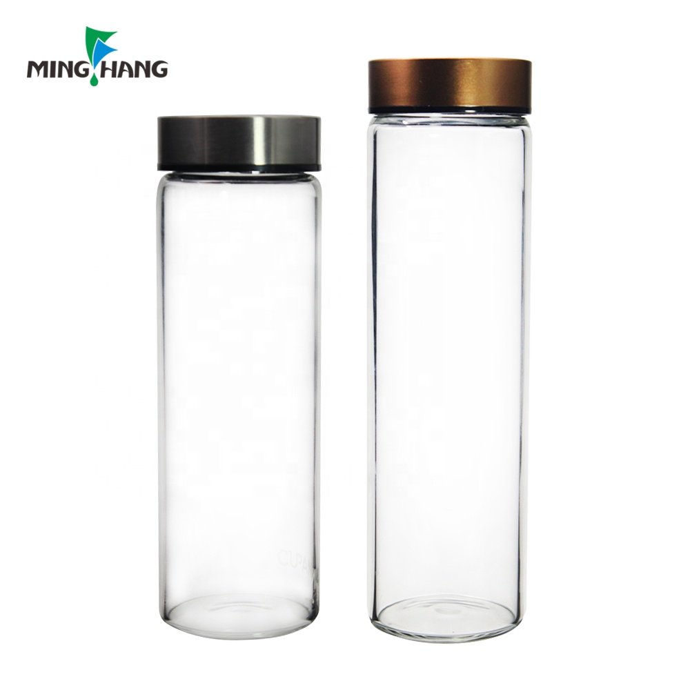 10oz 12oz 16oz 18oz Clear Wide Mouth High Borosilicate Round Drinking Glass Water Bottle With Stainless Steel Lids