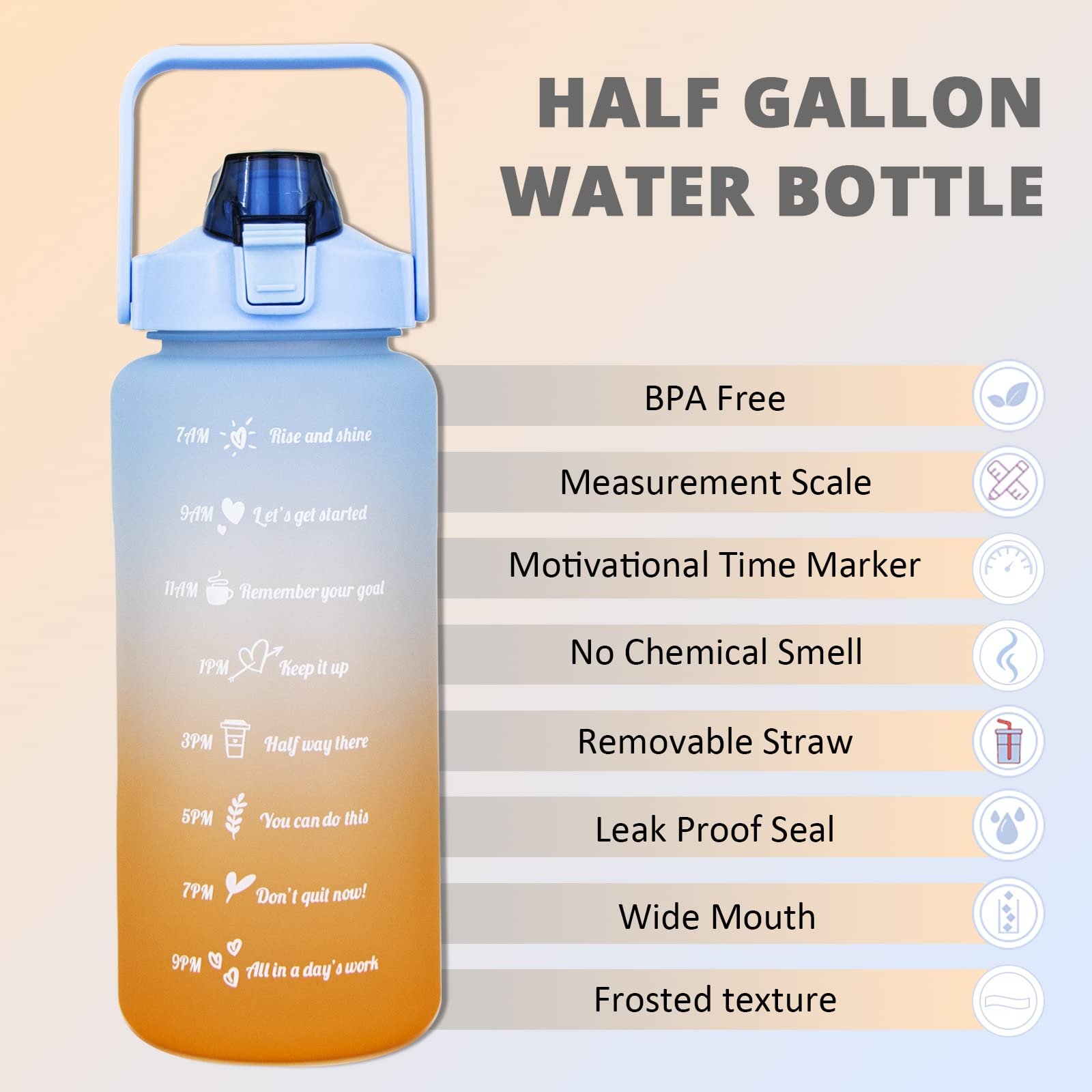 Direct Drinking Half Gallon Motivational Gradient Time Encouraging Marker Water Bottle With Straw And Handle