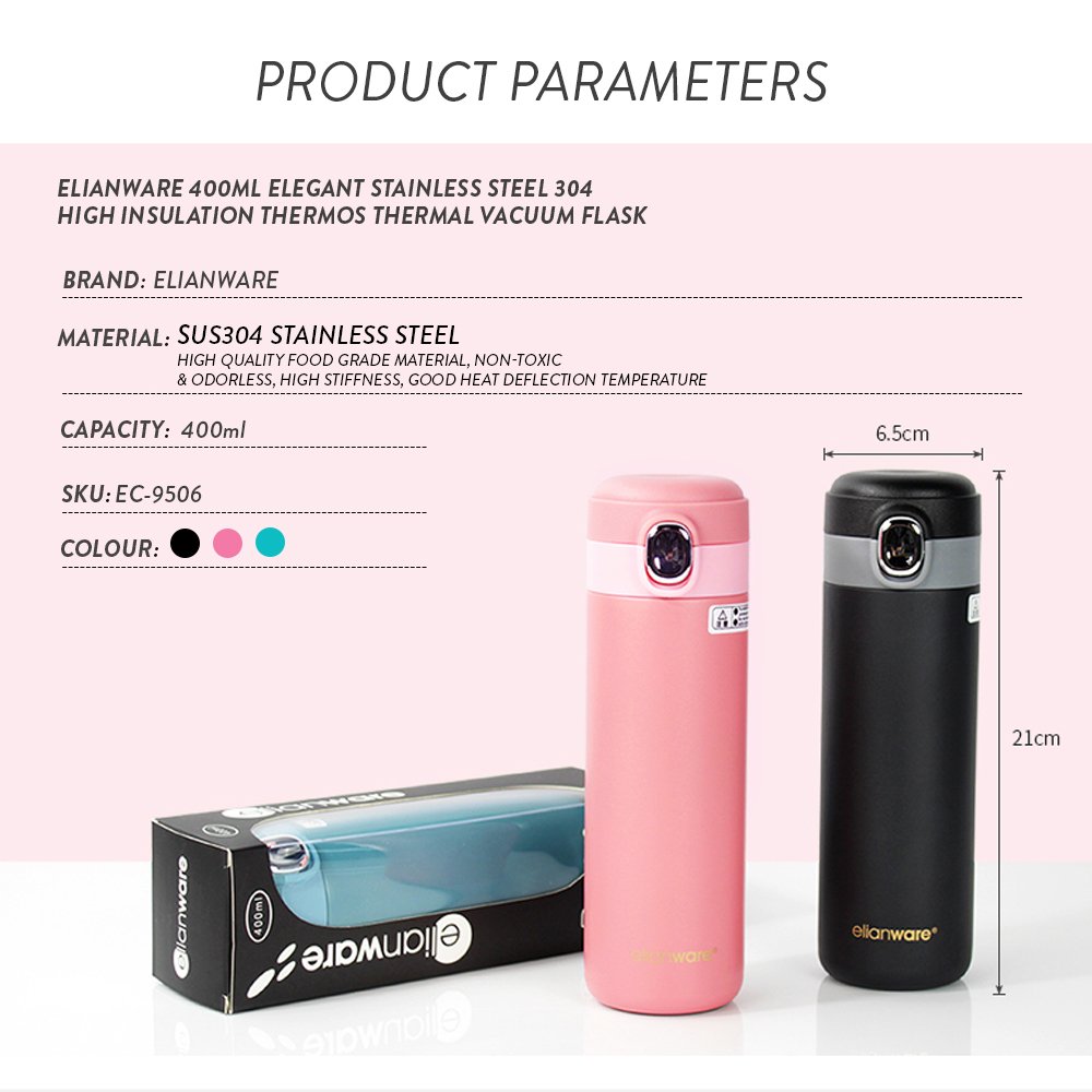 Elianware 400ml Elegant Stainless Steel 304 High Insulation Thermos Thermal Steel Vacuum Flask