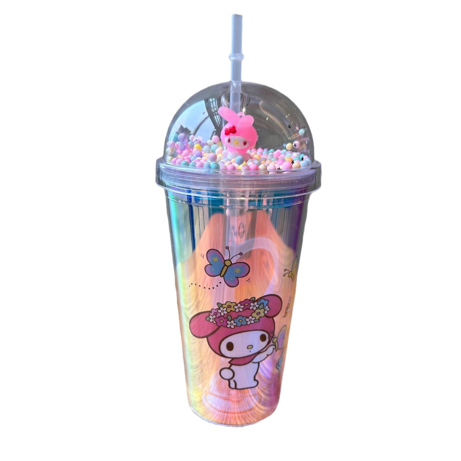 Ruunjoy new anime laser water cup kawaii cartoon melody kulomi with straw Double-Layer Plastic Large Capacity gifts water bottle