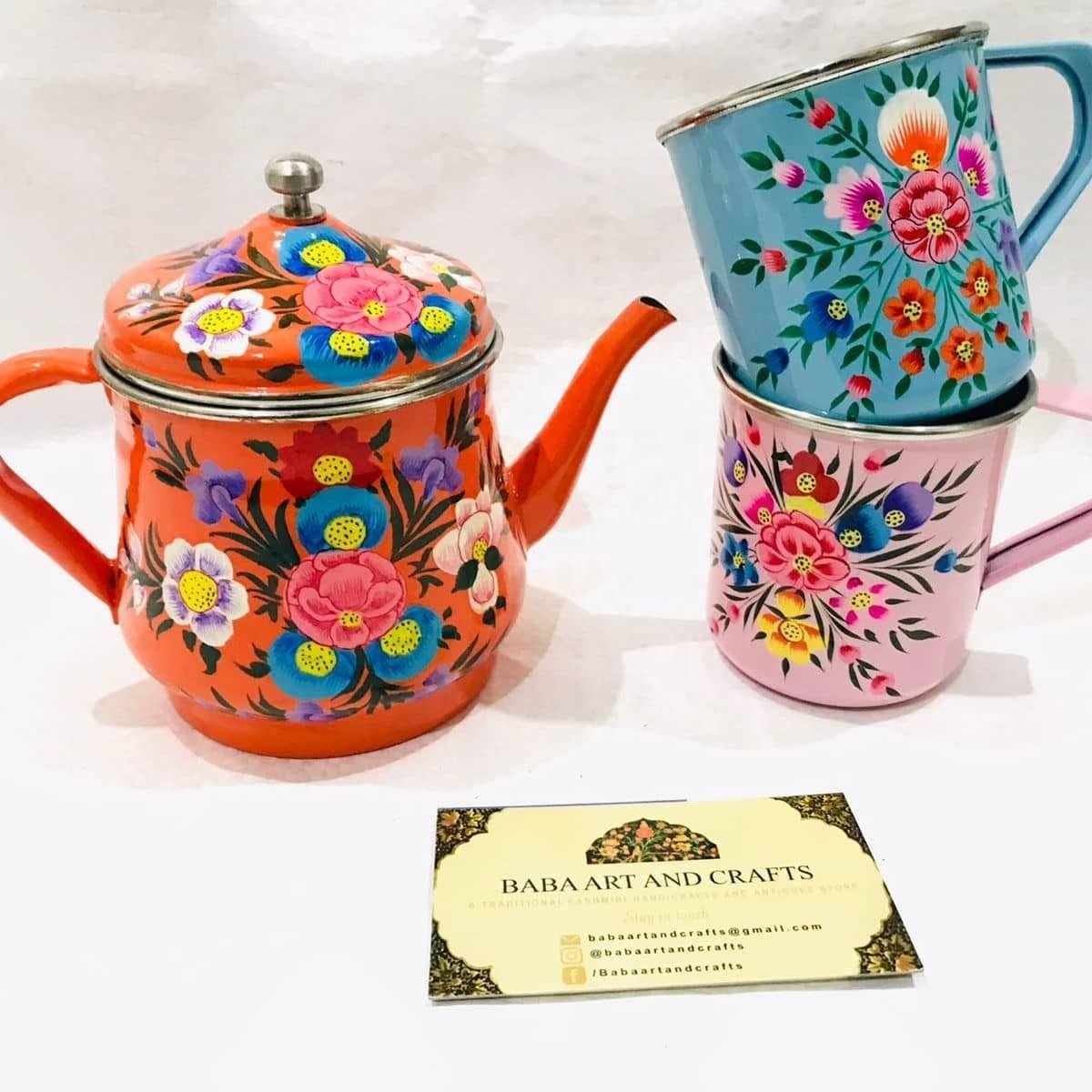 Hand painted tea kettle, Indian tea pot set , Hand painted mugs