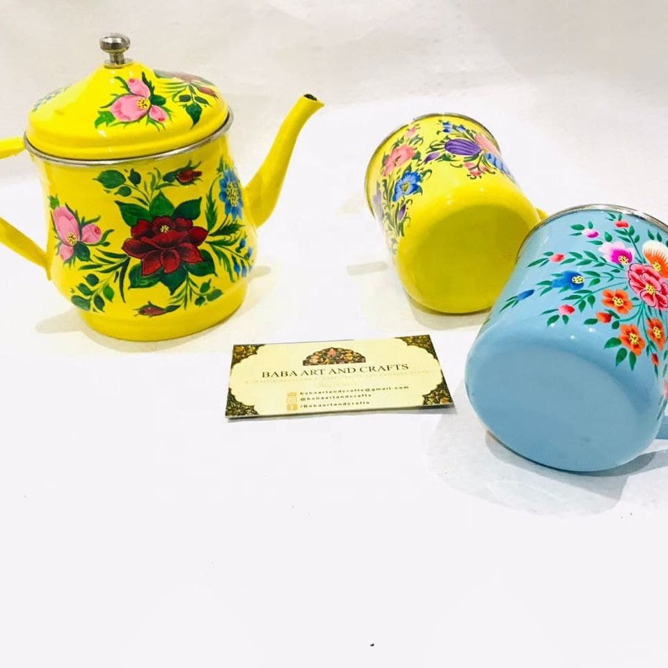 Hand painted tea kettle, Indian tea pot set , Hand painted mugs
