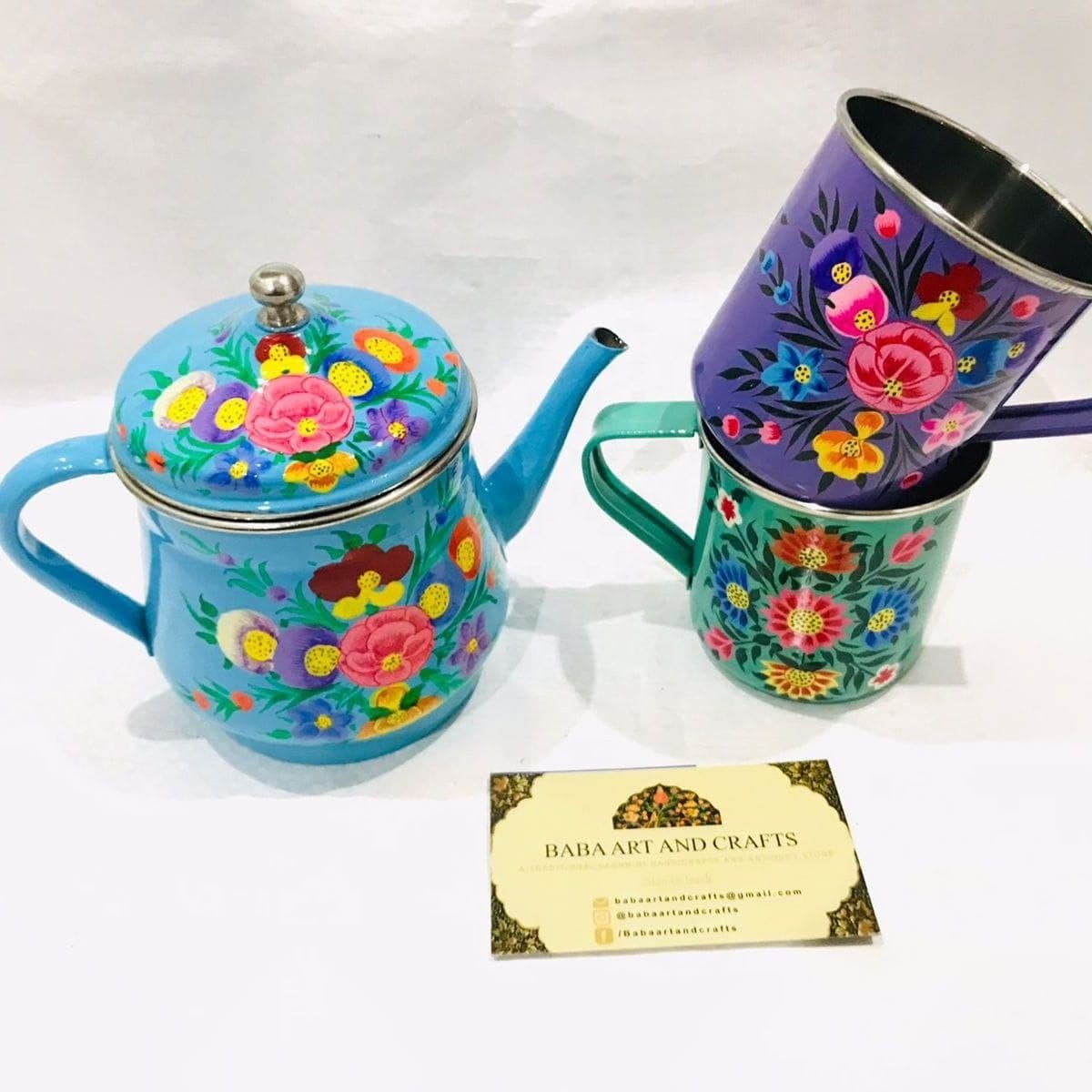 Hand painted tea kettle, Indian tea pot set , Hand painted mugs