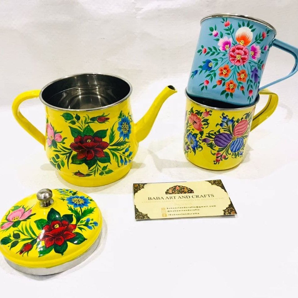 Hand painted tea kettle, Indian tea pot set , Hand painted mugs