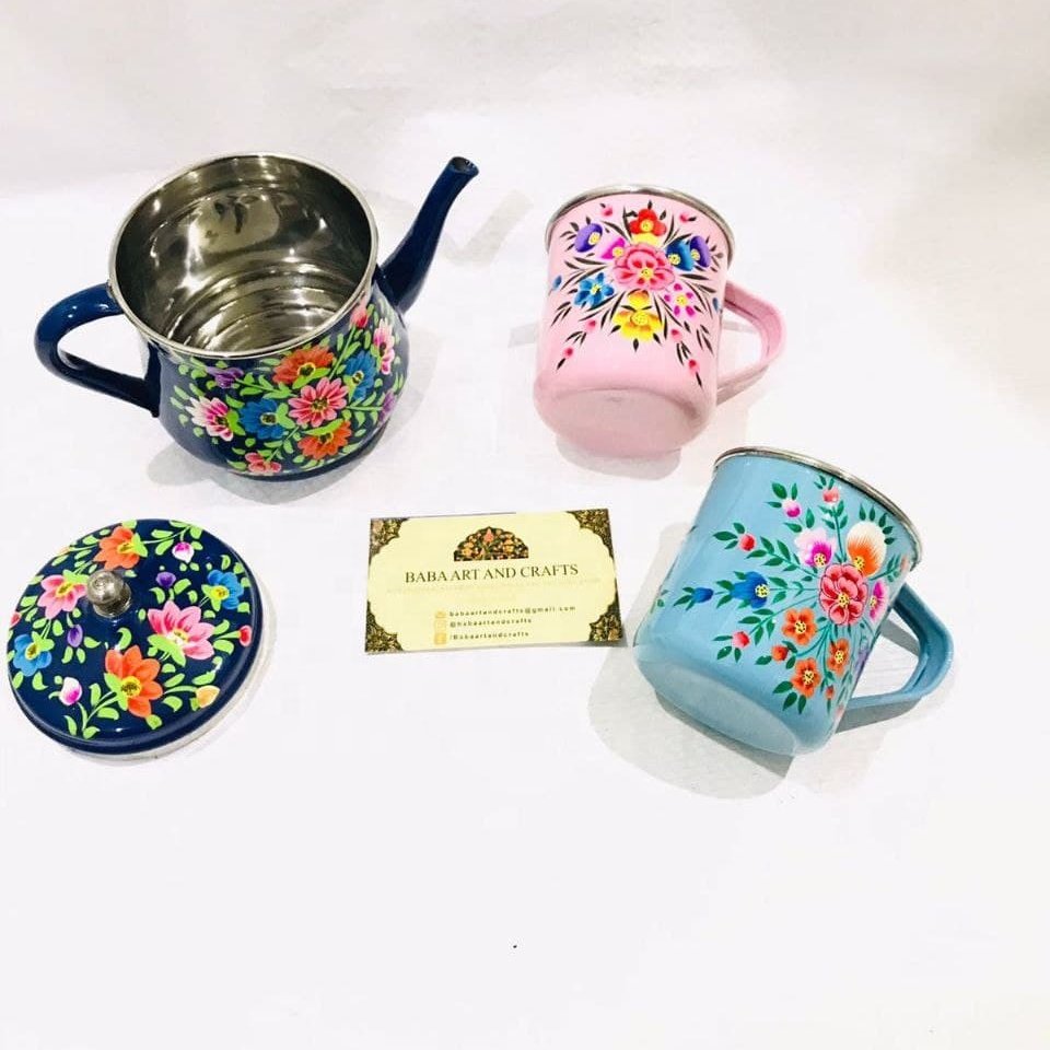 Hand painted tea kettle, Indian tea pot set , Hand painted mugs