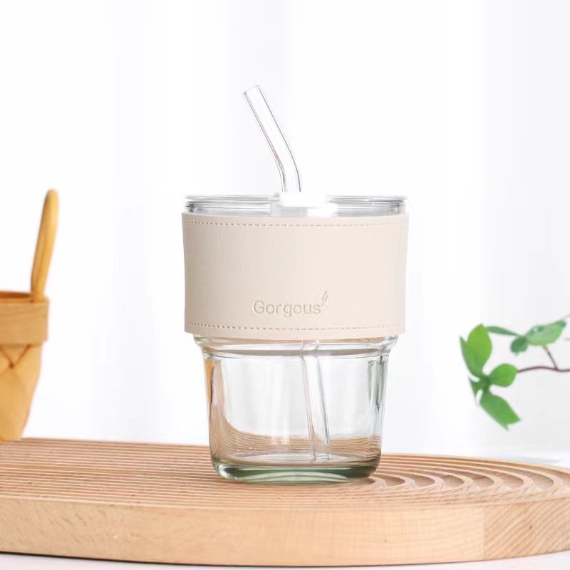 Portable Glass Tumbler Coffee Cup with Lid and Straw Leakproof Tea Cups Reusable Travel Coffee Tea Mug