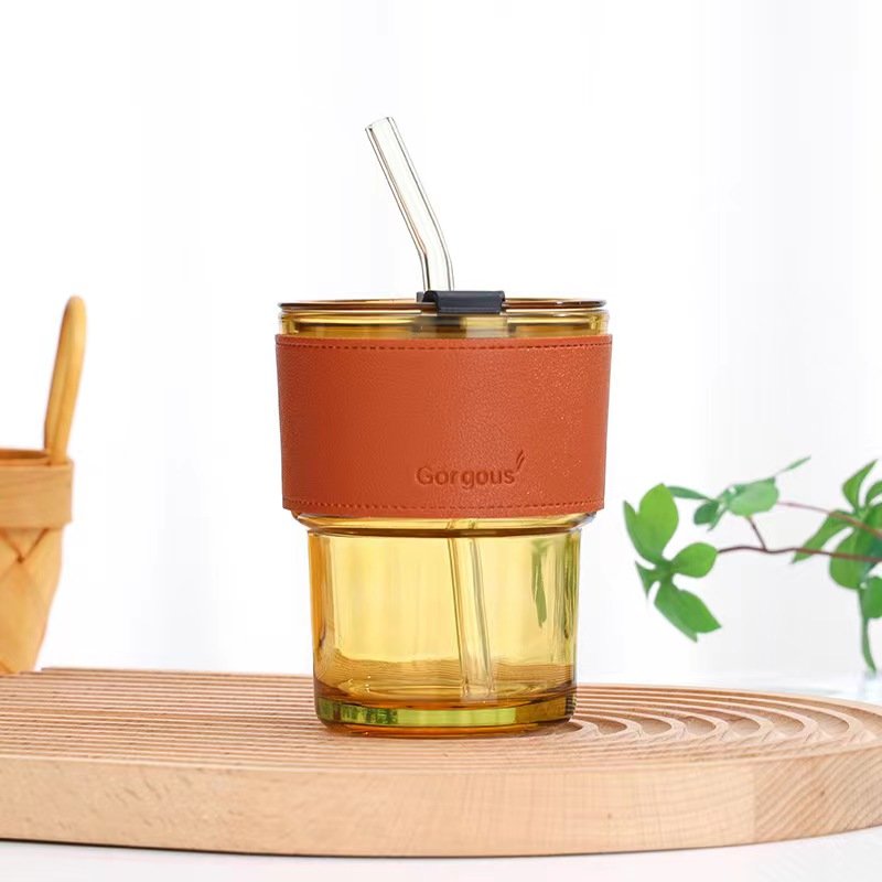 Portable Glass Tumbler Coffee Cup with Lid and Straw Leakproof Tea Cups Reusable Travel Coffee Tea Mug