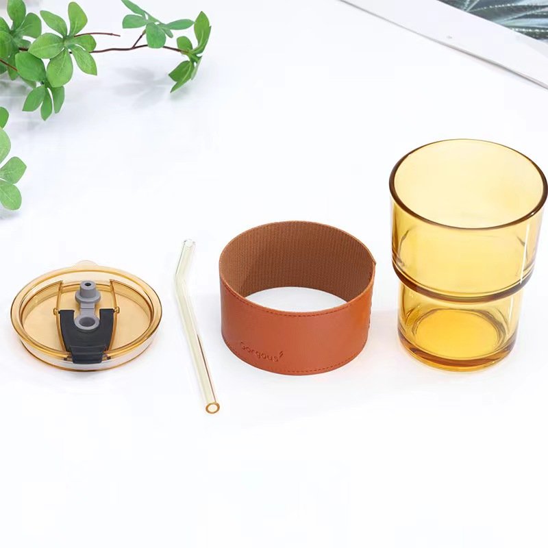 Portable Glass Tumbler Coffee Cup with Lid and Straw Leakproof Tea Cups Reusable Travel Coffee Tea Mug