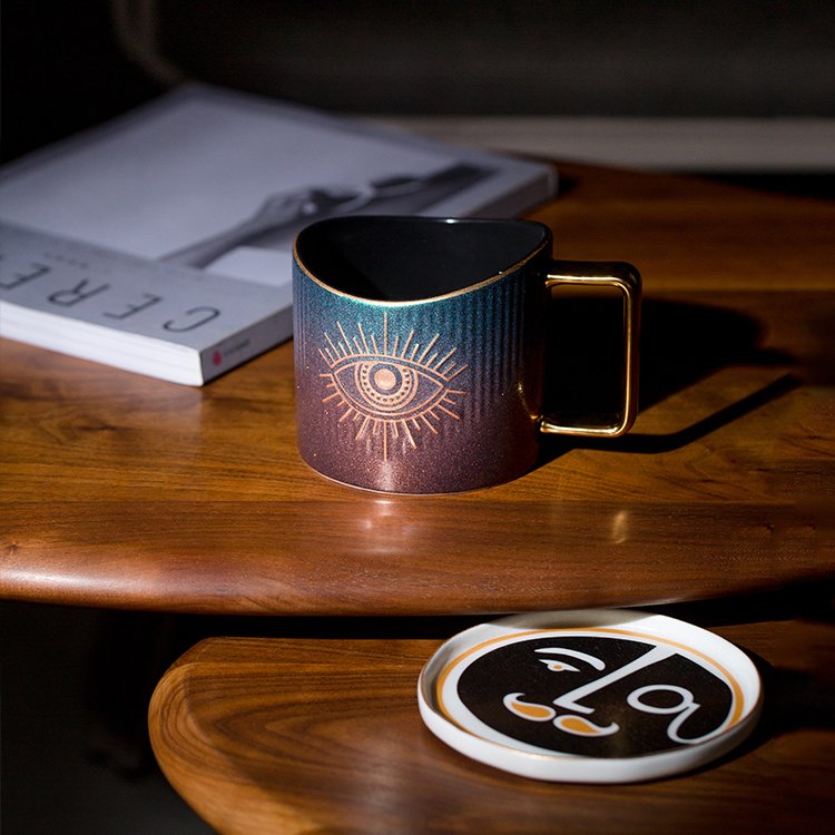 SYL 400ml Hand Eye Mugs And Gold Rim Ceramic Coffee Mug Teacup Water Cup Handmade Home Decor Creative Gifts