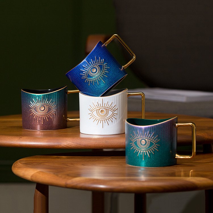 SYL 400ml Hand Eye Mugs And Gold Rim Ceramic Coffee Mug Teacup Water Cup Handmade Home Decor Creative Gifts