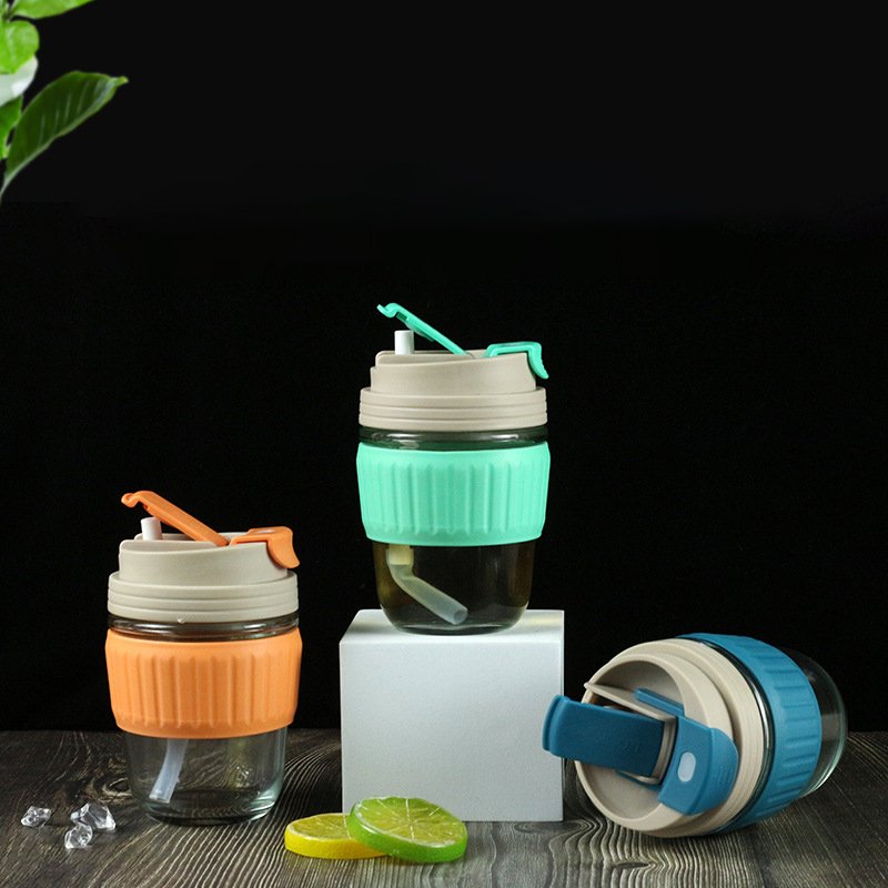 KLH030 Portable Water Bottle 350ml Juice Mug With Cover Office Coffee Glass Cups Milk Tea Tumblers Student Drink Straw Cup