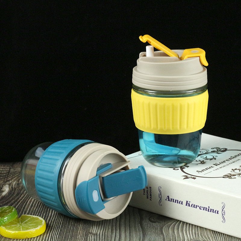 KLH030 Portable Water Bottle 350ml Juice Mug With Cover Office Coffee Glass Cups Milk Tea Tumblers Student Drink Straw Cup
