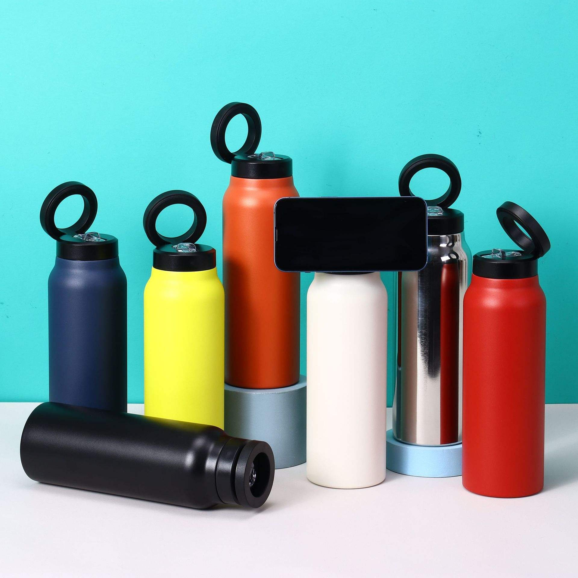 Custom Logo 32Oz Double Wall Vacuum Flasks Insulated Stainless Steel Magnetic Lid & Straw Water Bottle With Phone Holder