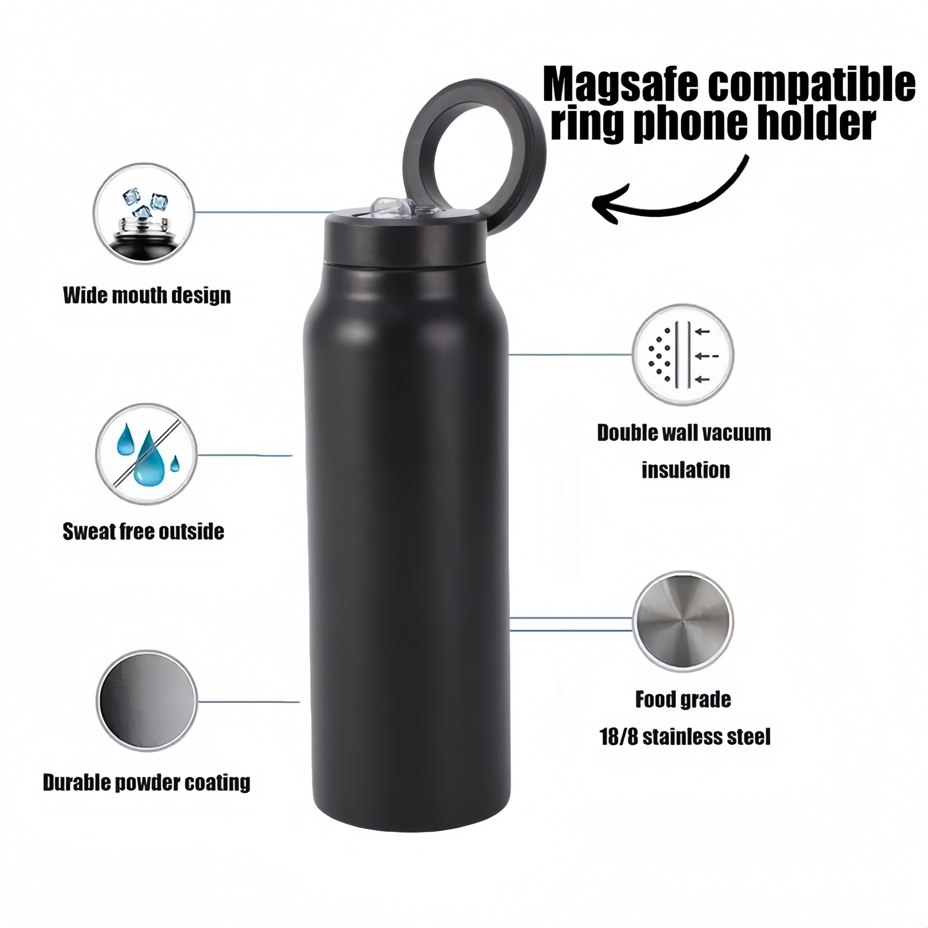 Custom Logo 32Oz Double Wall Vacuum Flasks Insulated Stainless Steel Magnetic Lid & Straw Water Bottle With Phone Holder