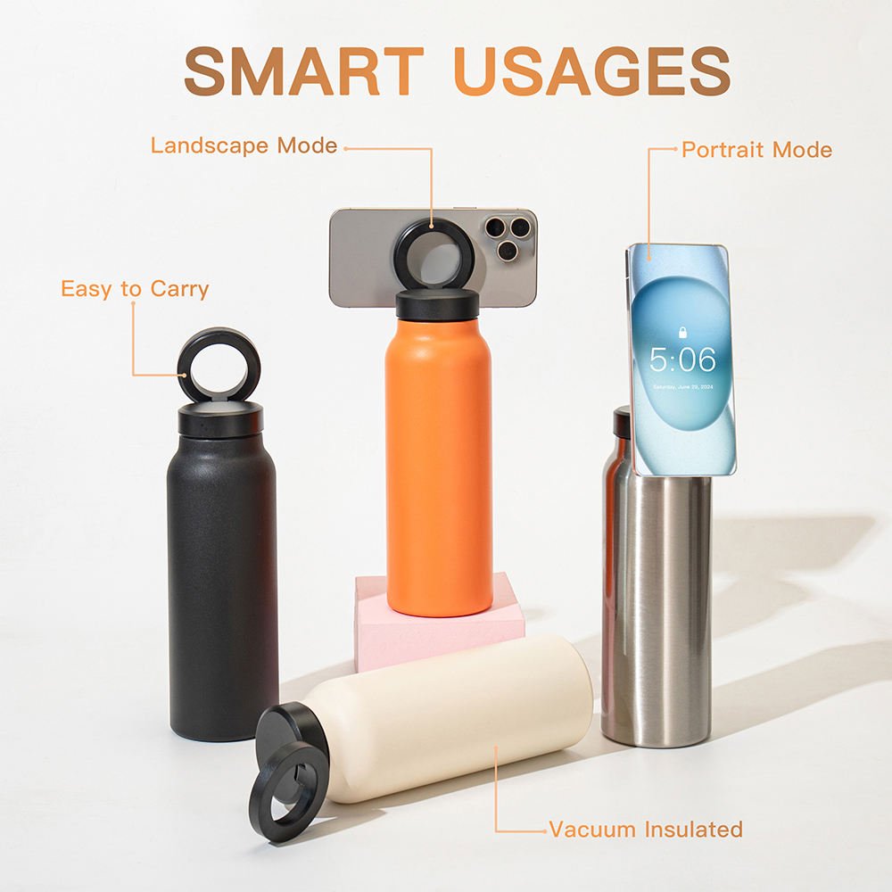 Custom Logo 32Oz Double Wall Vacuum Flasks Insulated Stainless Steel Magnetic Lid & Straw Water Bottle With Phone Holder
