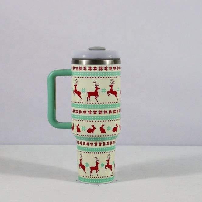 New design 40oz Stainless Steel Christmas Mug Festivals Luxury Water Bottle with Straw Handle Double Wall Insulated Mug