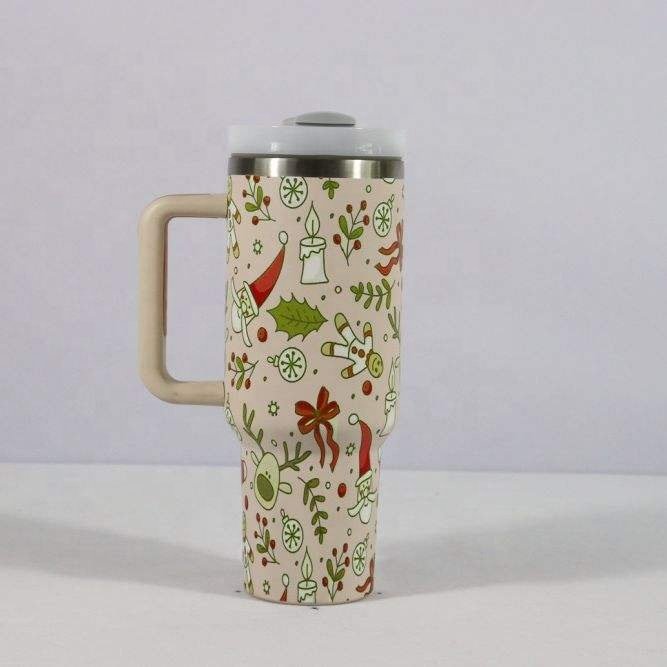 New design 40oz Stainless Steel Christmas Mug Festivals Luxury Water Bottle with Straw Handle Double Wall Insulated Mug