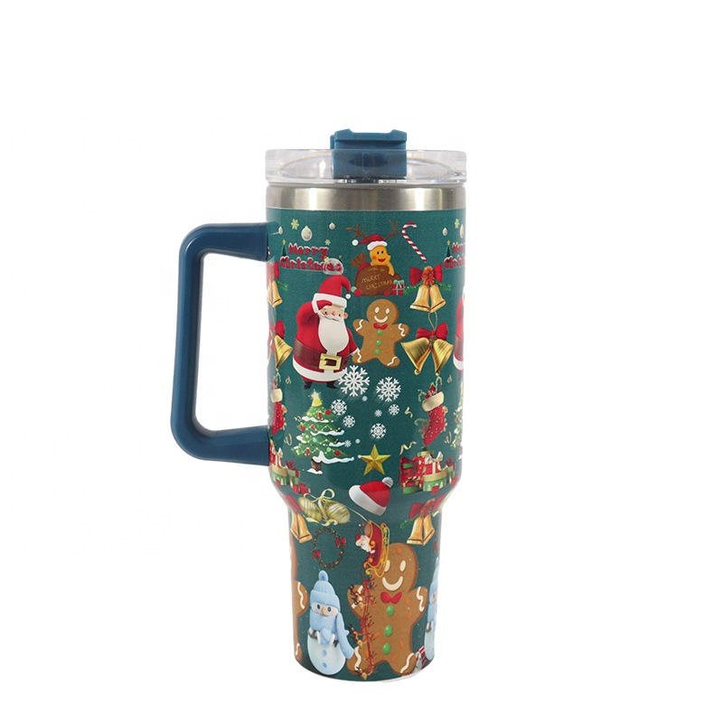 New design 40oz Stainless Steel Christmas Mug Festivals Luxury Water Bottle with Straw Handle Double Wall Insulated Mug